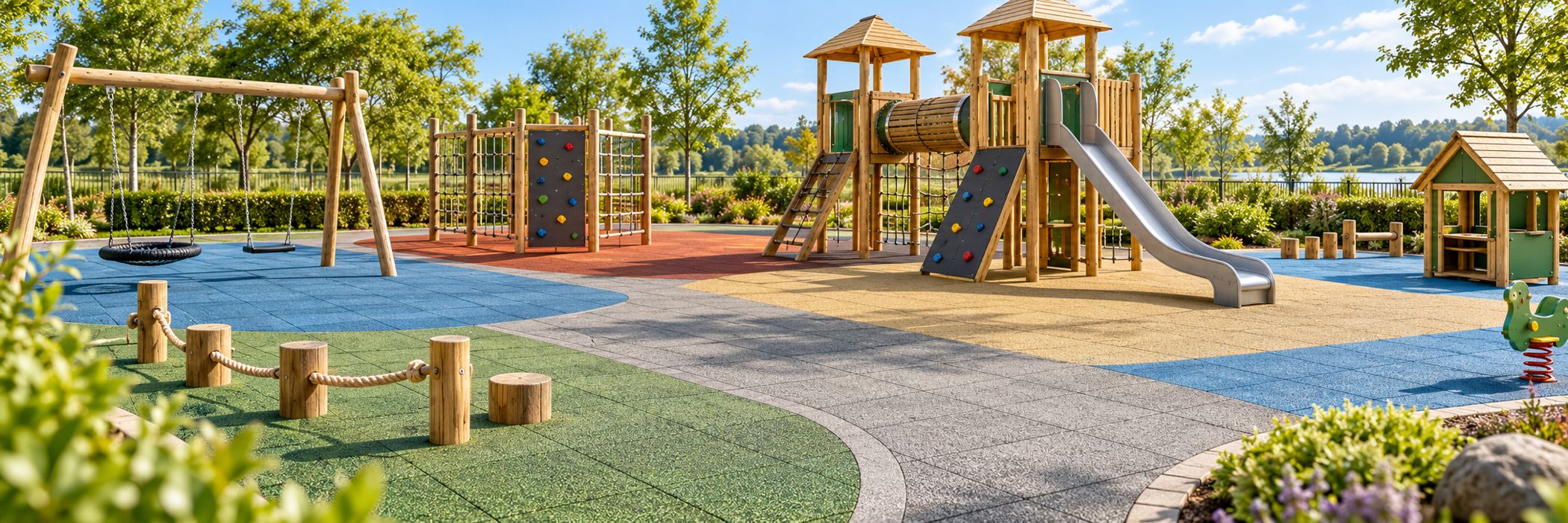 EPDM-Fallschutzplatten für Kindergarten und Spielplatz in den Farben rot, grün, grau, blau, beige